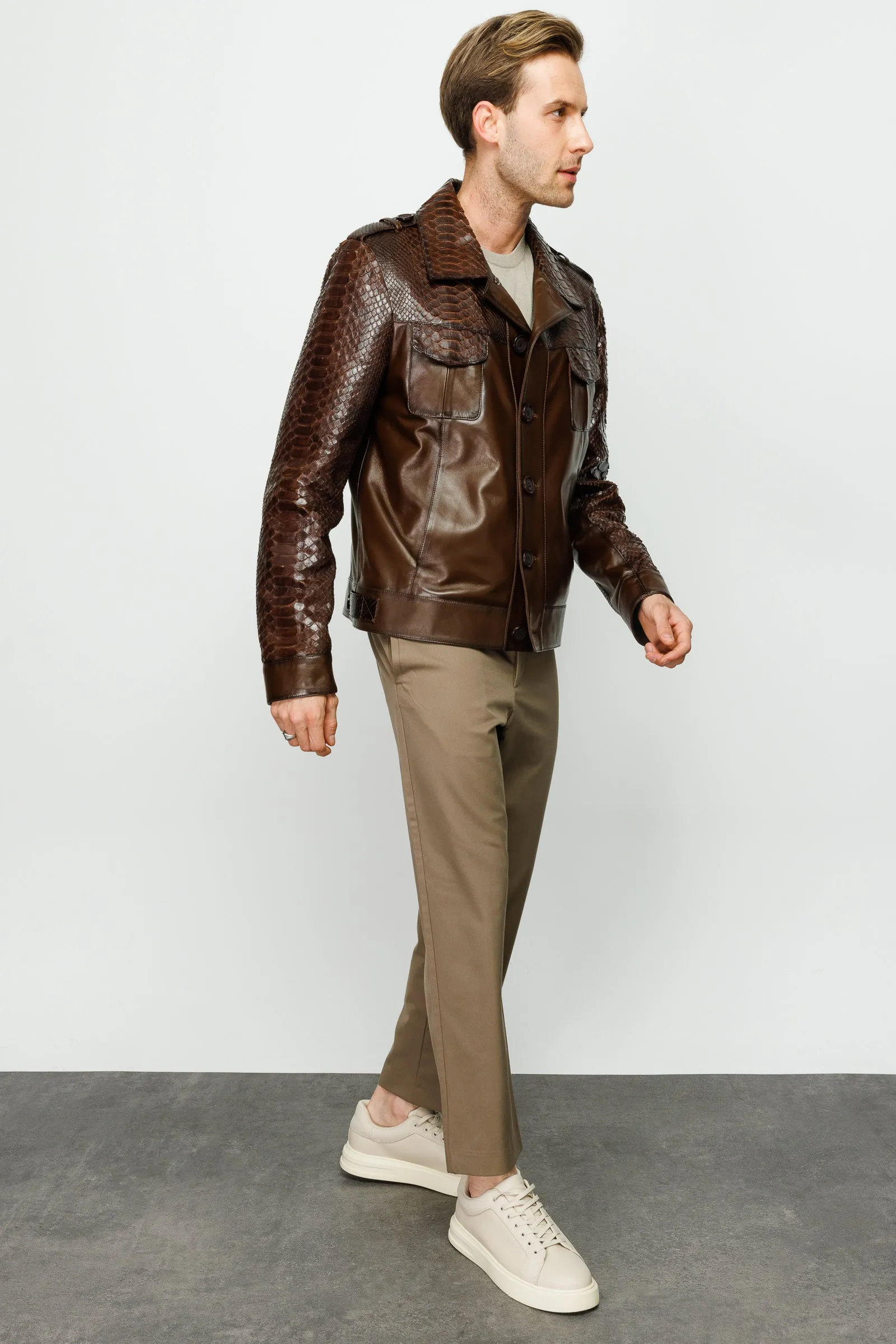 The Manteca Pythn Skin Brown Leather Men Jacket