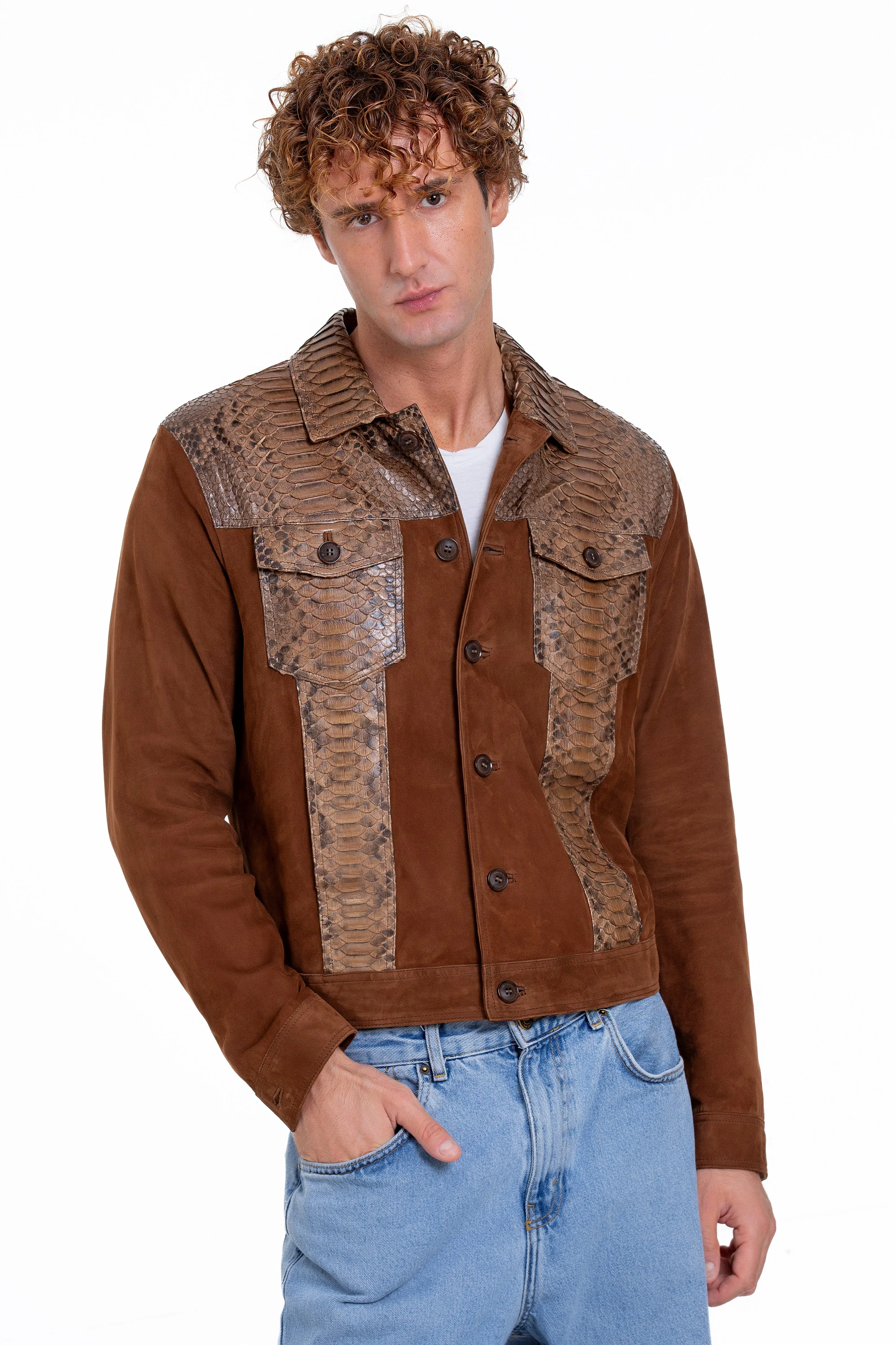 The Margaraten Pythn Skin Suede Leather Tan Men  Jacket