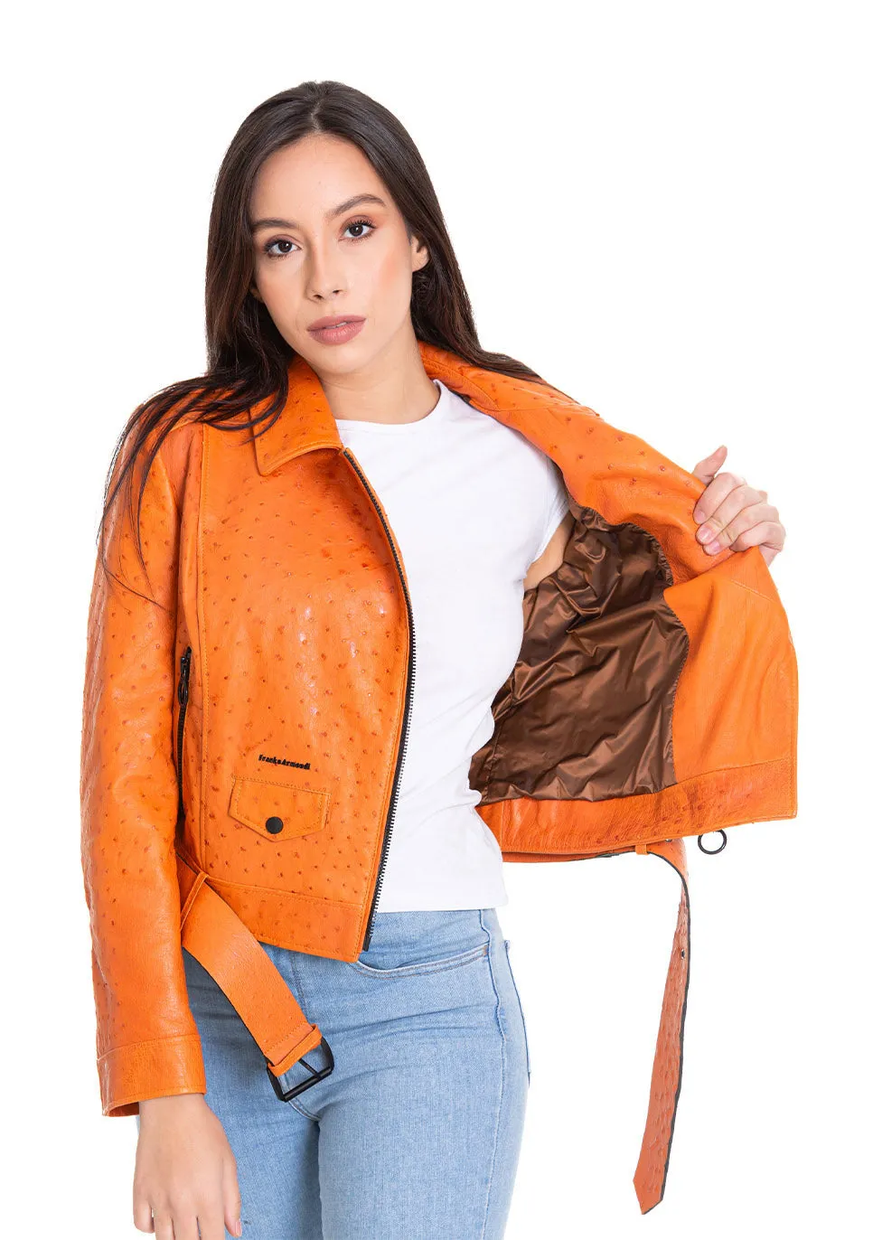 The Martos Orange Ostrich Leather Women Jacket