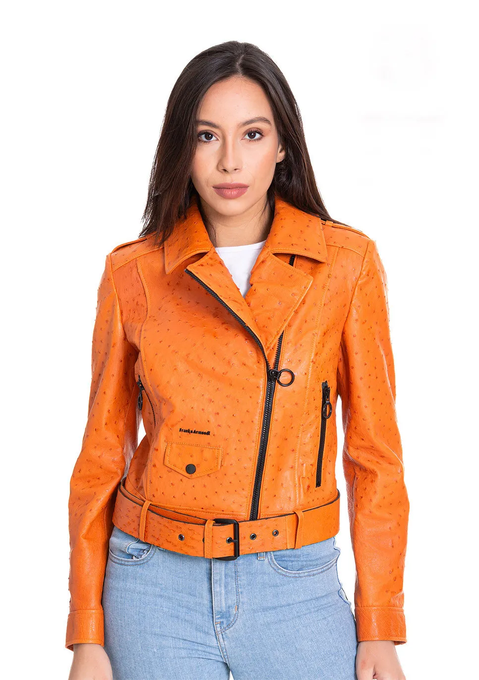 The Martos Orange Ostrich Leather Women Jacket