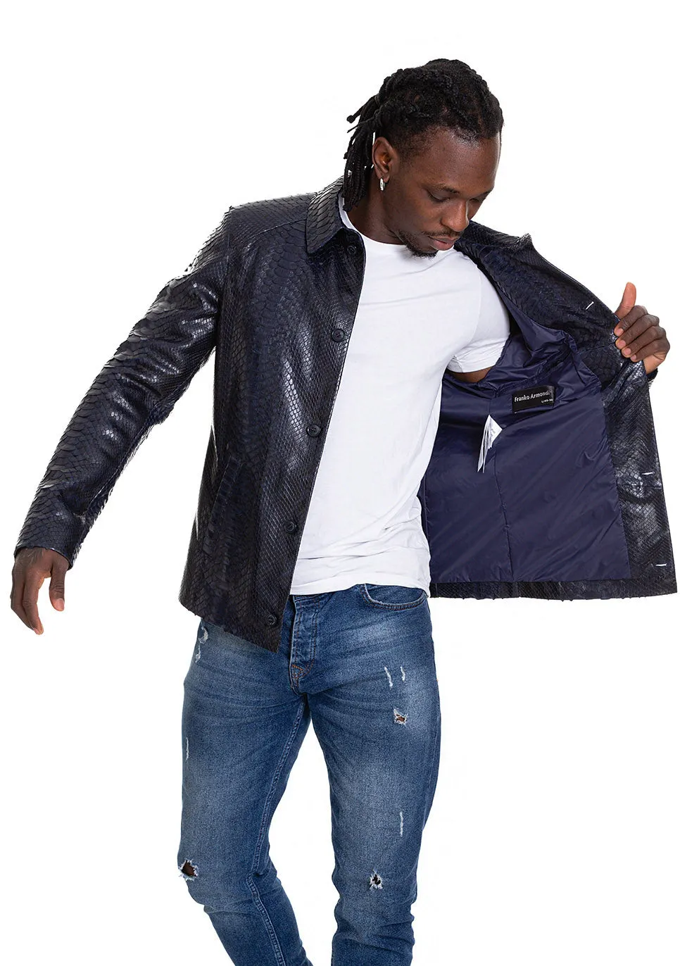 The Pitman Pythn Navy Blue Leather Men Jacket