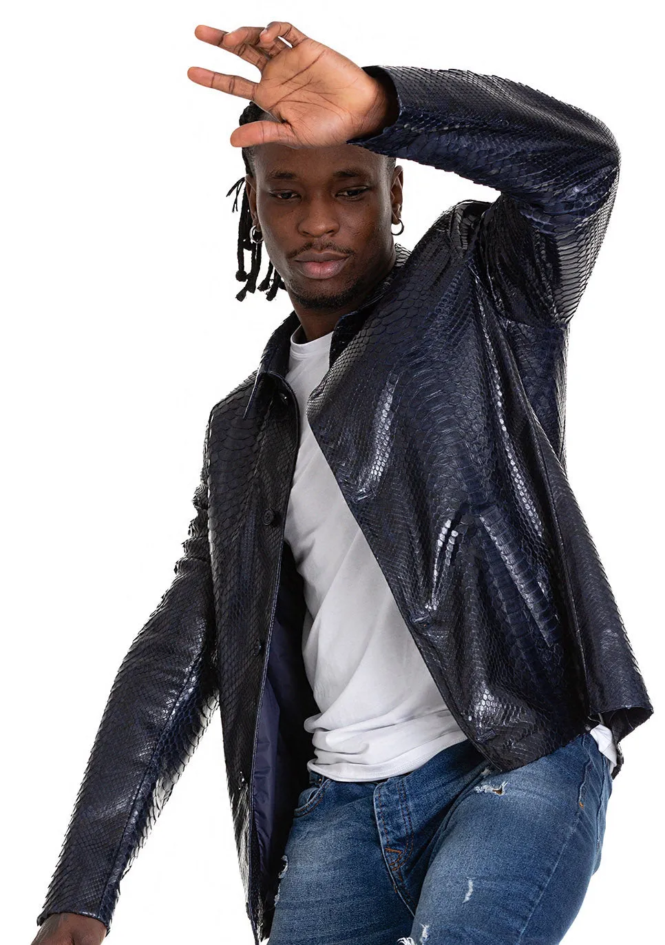 The Pitman Pythn Navy Blue Leather Men Jacket