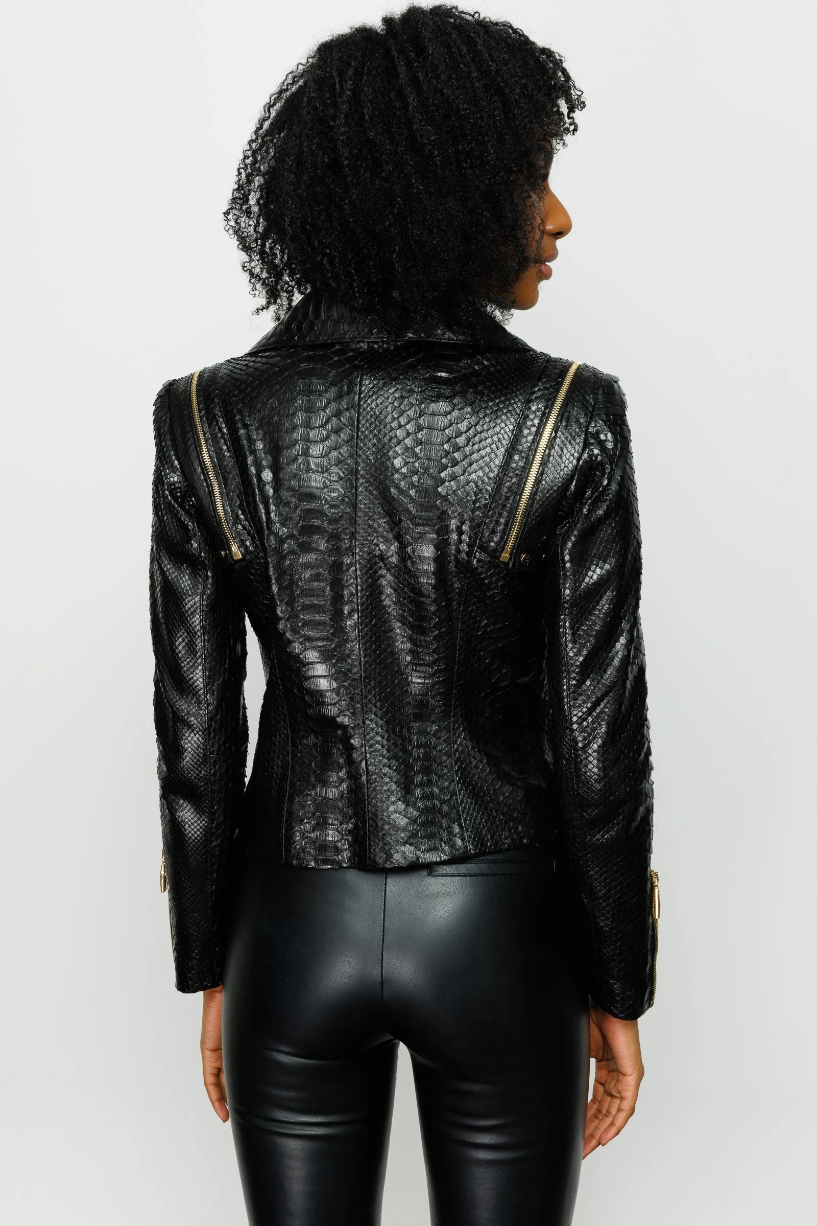 The Queen Pythn Skin Black Leather Women Jacket