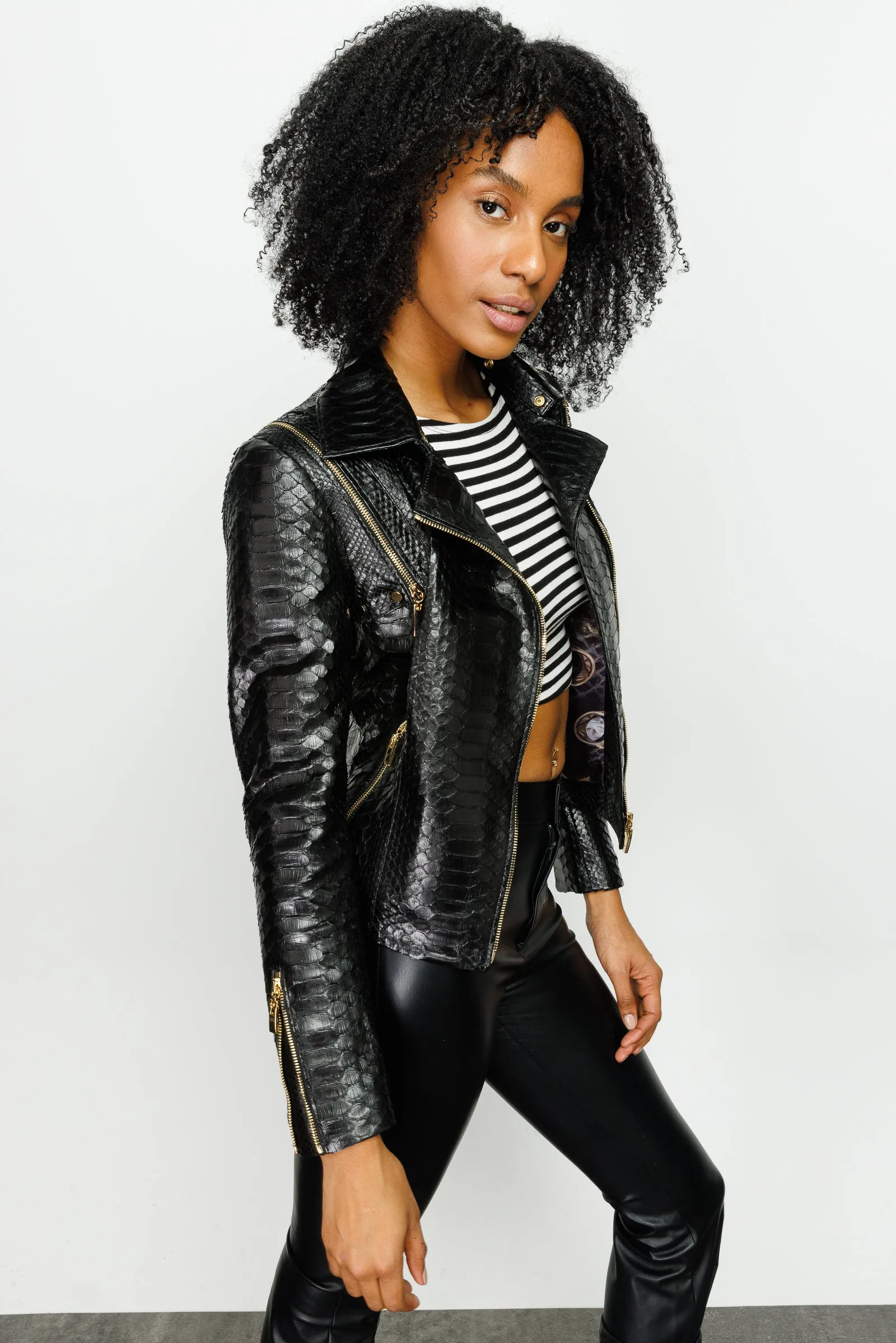 The Queen Pythn Skin Black Leather Women Jacket