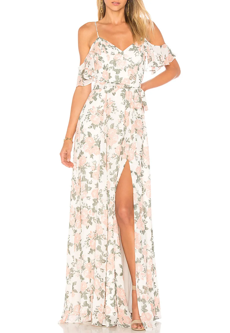 White Taylor Rose Print Ruffled Maxi Dress