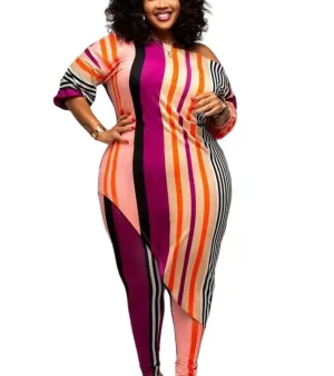 Women’s Fuchsia 5XL Striped Top Leggings Set