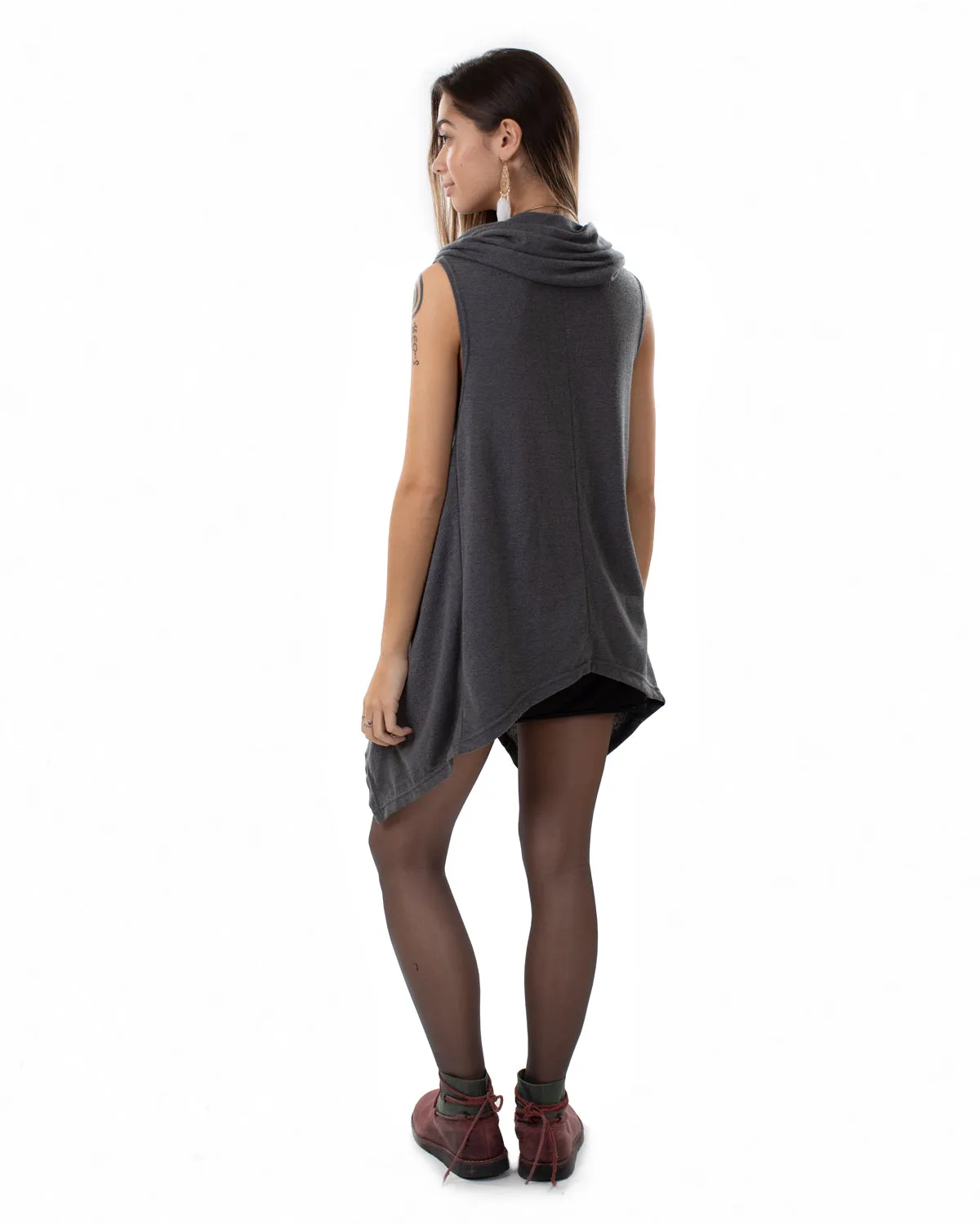 Xotiko Asymmetric Boho Sleeveless Cardigan Grey