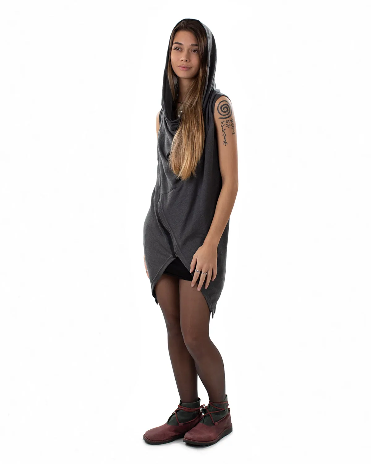 Xotiko Asymmetric Boho Sleeveless Cardigan Grey